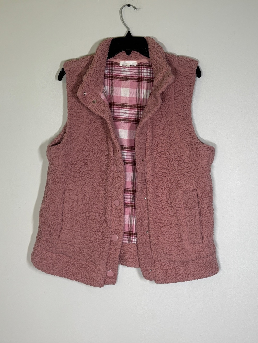 Ultra Flirt Dusty Pink Sherpa Vest with Plaid Lining